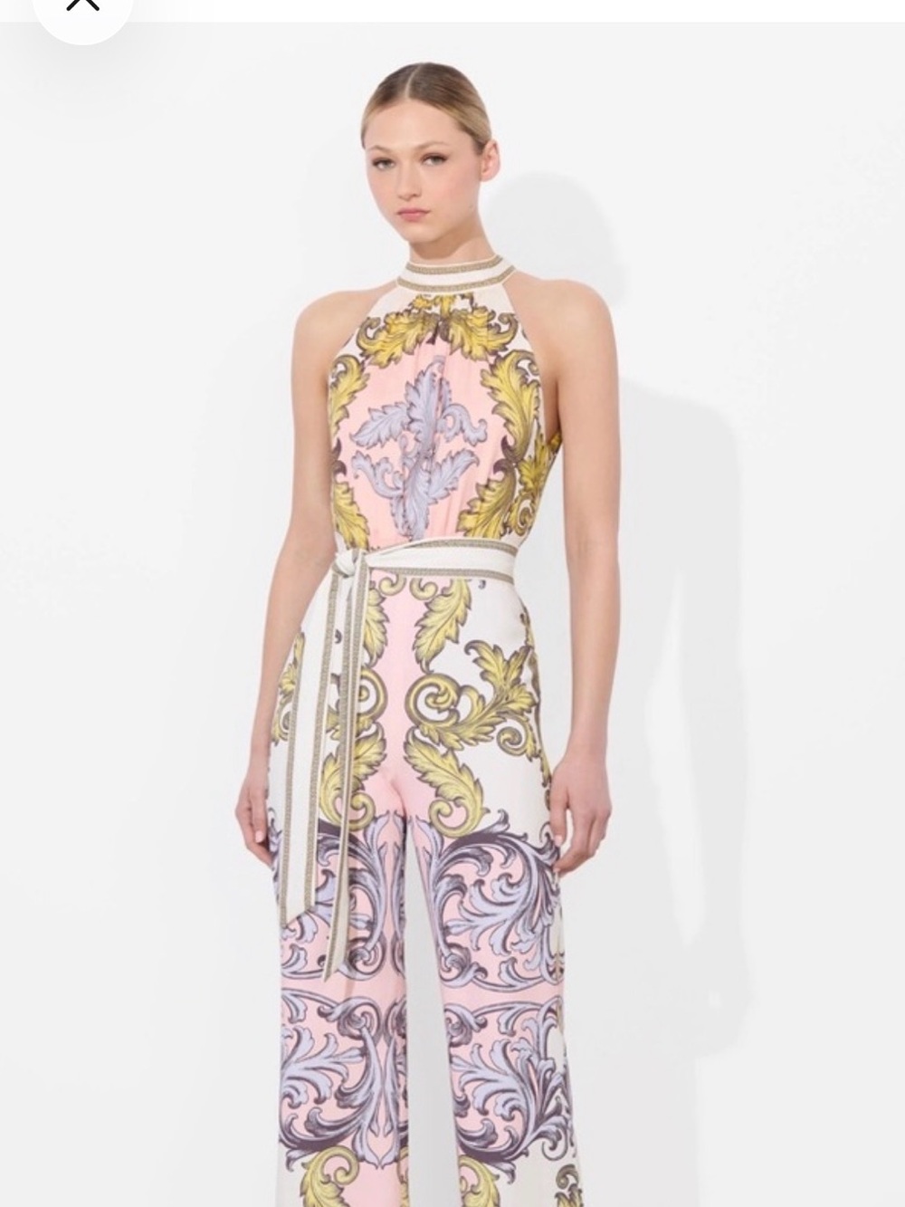 Alice + Olivia Pink, White & Yellow Baroque Halter Jumpsuit